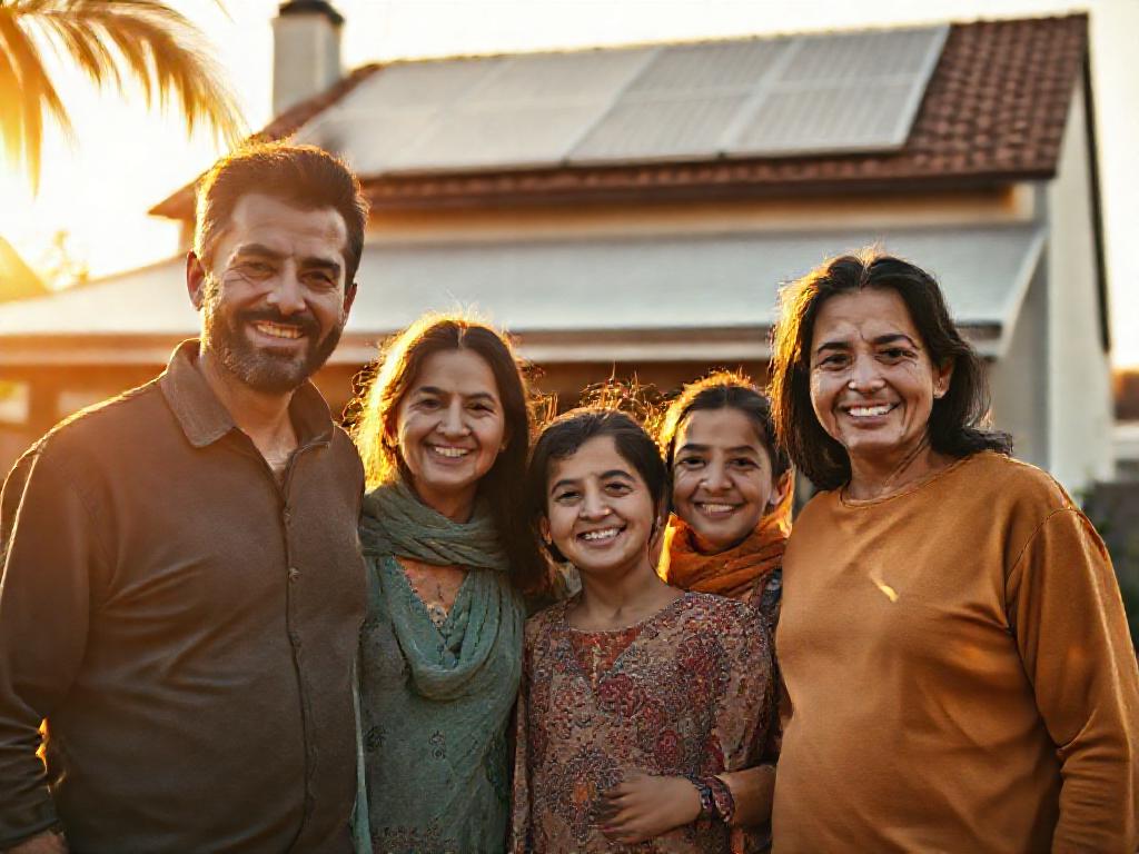 Famille algérienne devant sa maison équipée de panneaux solaires